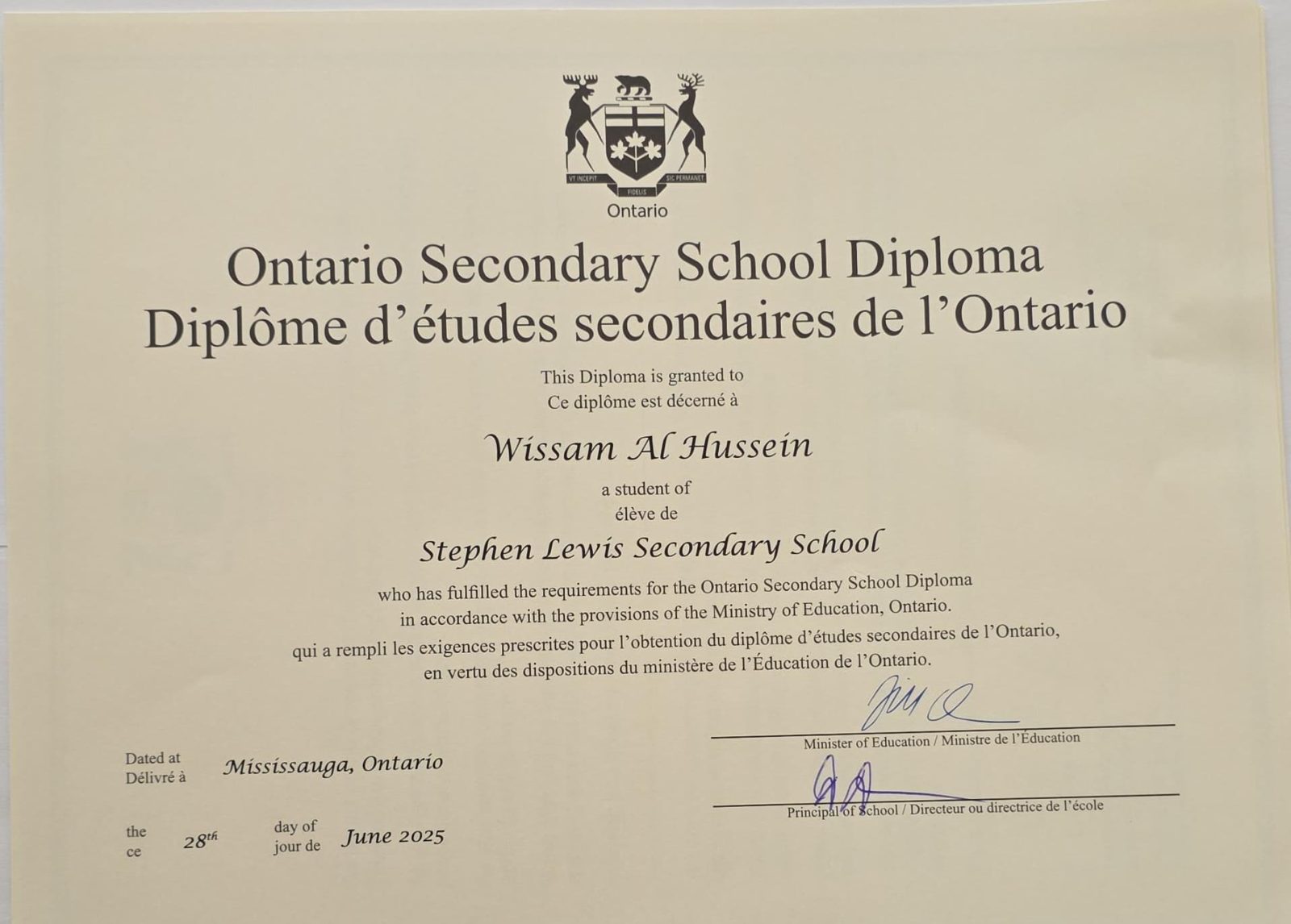 Ontario Secondary School Diploma awarded to Wissam Al Hussein by Stephen Lewis Secondary School, June 2025