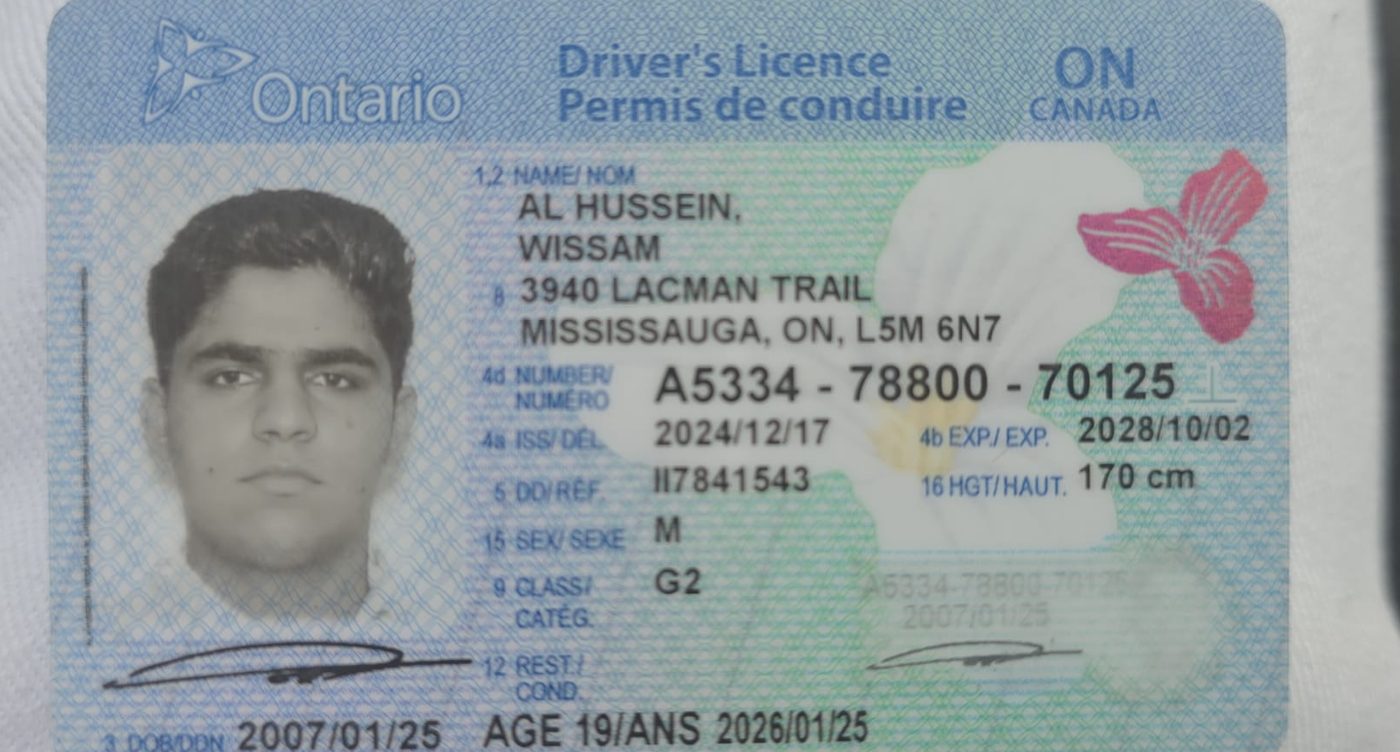 Ontario Class G2 driver's licence issued to Wissam Al Hussein