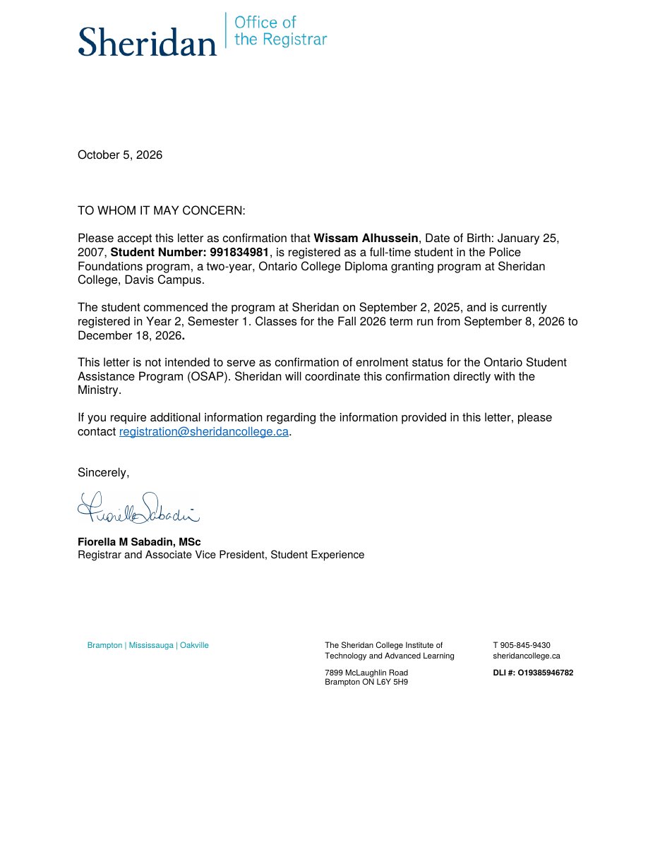 Sheridan College confirmation of enrolment letter for Wissam Al Hussein, Police Foundations program